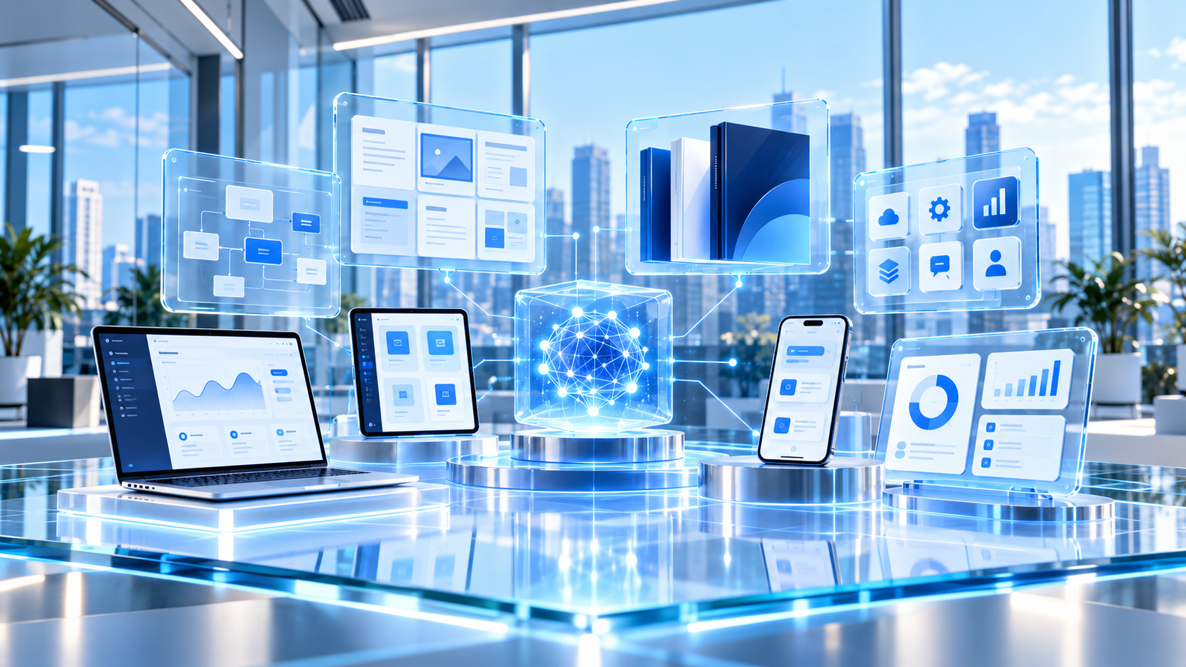 Premium AI product ecosystem with dashboards, app screens, ebooks and templates in a bright modern studio.