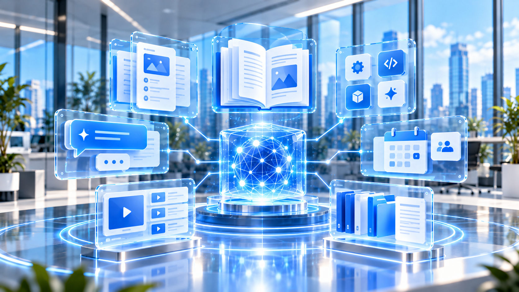 Organized AI resource library with floating guide, template, prompt, event and tool panels around a knowledge hub.