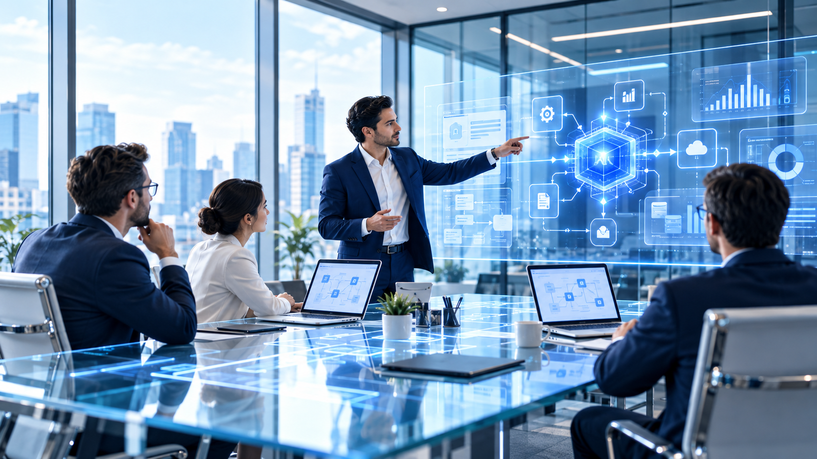 AI consultant presenting automation and workflow dashboards to a business team in a modern meeting room.