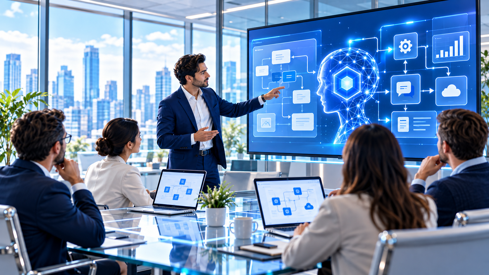 Professional AI training workshop with a facilitator explaining workflow systems on a large digital screen.